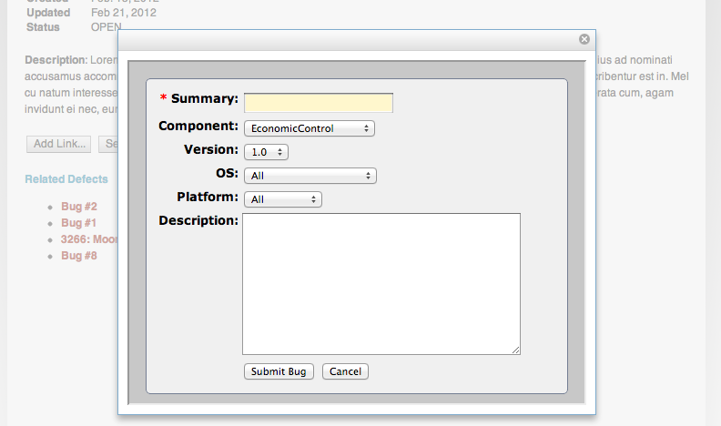 Dialog for creating new bugs on the incident page
