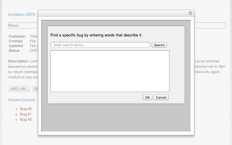 Sample delegated dialog for selecting bugs on the incident page